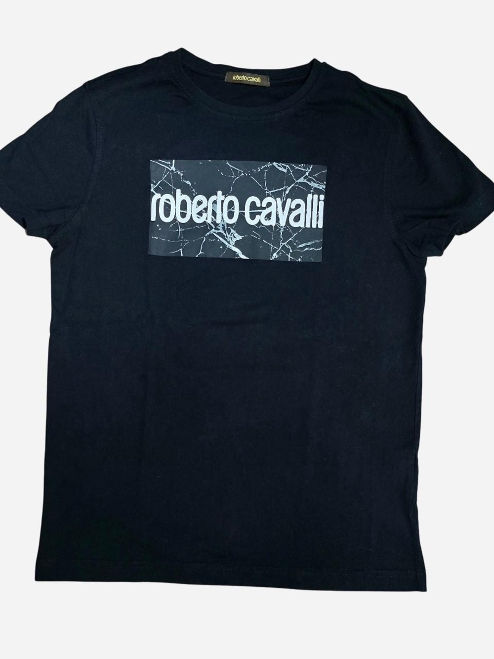 Roberto Cavalli Black Short-Sleeve Logo Tee with Marbled Graphic